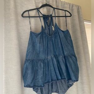 Blue denim high low loose flowing tank top distressed look